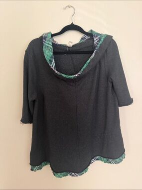 We The Free Charcoal Hooded Pullover with Green Plaid Trim